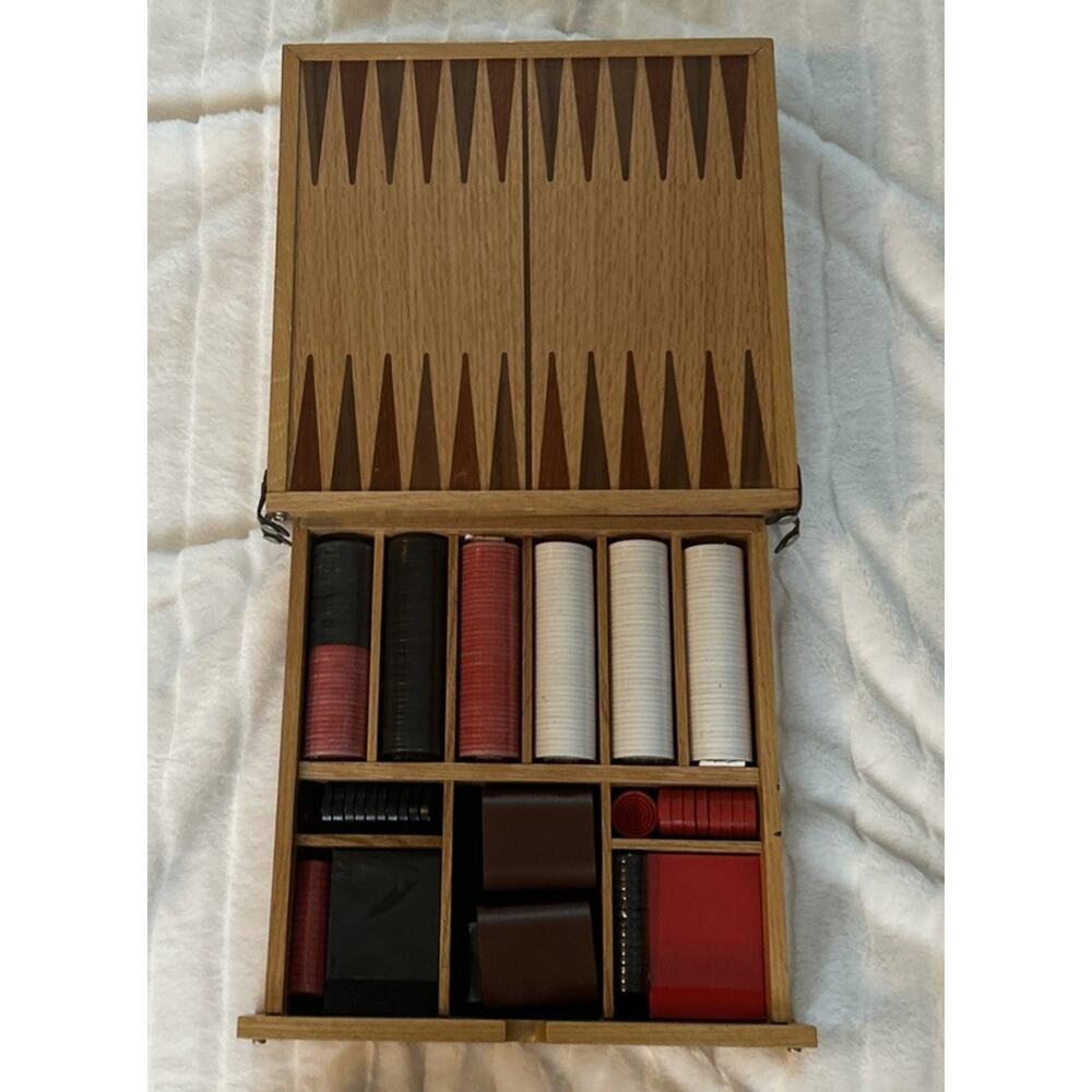 Wood Flip Game Board Set, Checkers, Backgammon, Dice, Poker Chips Cards Dice VTG